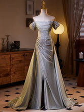 Vestido de fiesta largo con hombros descubiertos, corte A, color gris plateado