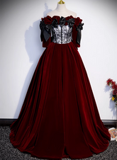 Wine Red Velvet Off Shoulder Party Dress with Bow