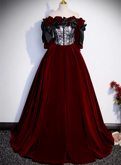 Wine Red Velvet Off Shoulder Party Dress with Bow