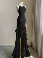 Vestido de fiesta negro de sirena con escote redondo y espalda baja