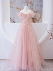 Vestido de fiesta de tul rosa claro con cuentas y hombros descubiertos, corte A