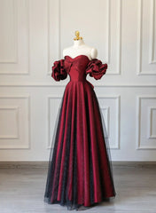 Vestido formal largo con hombros descubiertos en color rojo vino