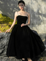 Elegant Velvet Black Straps Tea Length Party Dress