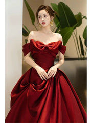 Wine Red Satin Sweetheart Off Shoulder Party Dress With Bow