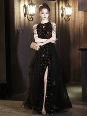 Black Sequins and Tulle Long Party Dress