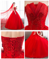 Glam Red Ball Gown Tulle Sweet 16 Dress with Lace