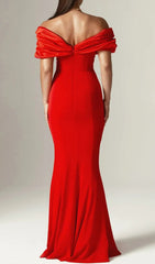 Jonilde Glamorous Red Off-Shoulder Maxi Dress with High Slit