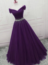 Dark Purple Tulle Long Prom Dresses
