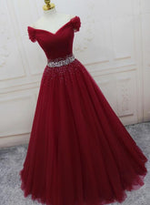 Beautiful Burgundy Long Tulle Off Shoulder Prom Dress