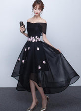 Black Off Shoulder High Low Party Dresses with Flower Lace