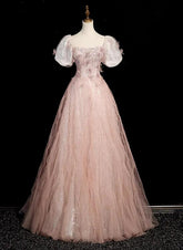 Vestido de fiesta largo de tul con lentejuelas y mangas cortas en color rosa