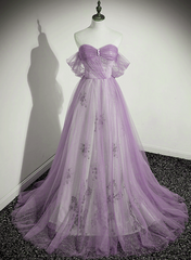 Vestido de fiesta lavanda de tul con hombros descubiertos, corte A y cuentas