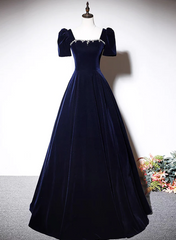 Vestido de noche largo de terciopelo azul marino de corte A