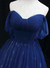 Navy Blue Tulle Sweetheart Long Prom Dress