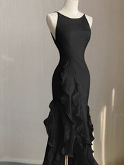Vestido de fiesta negro de sirena con escote redondo y espalda baja