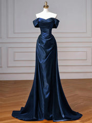 A-line Navy Blue Satin Off Shoulder Prom Dress