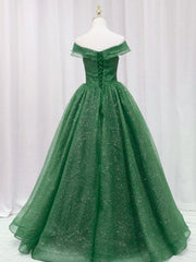 Vestido de fiesta de tul verde con escote en forma de A y hombros descubiertos