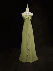 Vestido de fiesta largo de satén y gasa con cuello halter y corte A
