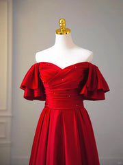 Vestido de fiesta largo de manga corta de satén rojo vino