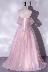 Vestido de fiesta largo con escote en forma de corazón de tul rosa y lentejuelas
