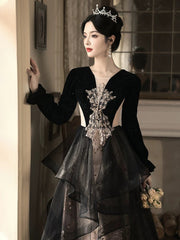 A-line Black Tulle with Lace Applique Party Dress