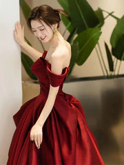 Wine Red Satin Sweetheart Off Shoulder Party Dress With Bow