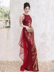 Wine Red Sequins Mermaid Long Party Dress with Lace