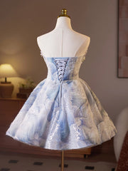 Light Blue Floral Strapless Knee Length Party Dress
