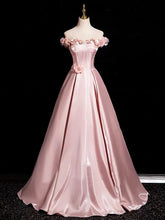 Pink Satin Off Shoulder Flowers Long Prom Dress