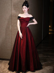 A-line Off Shoulder Black and Red Tulle Floor Length Prom Dress