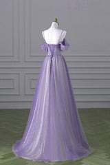 Lovely A-line Light Purple Tulle Beaded Long Party Dress