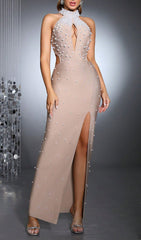 Haidera Pearl Beaded Halter Neck Bandage Maxi Gown with Thigh Slit