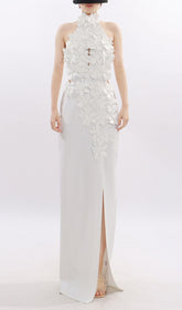 Jezel White 3D Floral Halter Maxi Dress