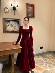 Wine Red Long Sleeves Velvet A-line Formal Dress