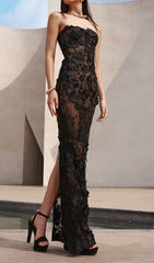 Decla Black Strapless 3D Floral Maxi Gown