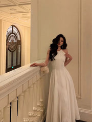A-line Chiffon White Halter Long Party Dress