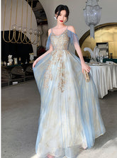 Beautiful Light Blue V-neckline Long Lace Applique Formal Dress