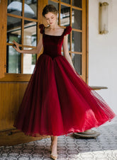 Wine Red Tea Length Scoop Straps Tulle Party Dress