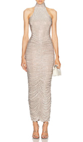 Cherine Dazzling Crystal Halter Ruched Maxi Gown