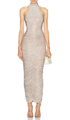 Cherine Dazzling Crystal Halter Ruched Maxi Gown