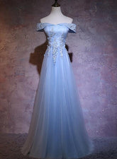 Charming Blue Elegant Tulle Party Dress with Lace Applique