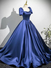 Vestido de fiesta de satén azul oscuro con mangas cortas y espalda con cordones