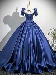 Vestido de fiesta de satén azul oscuro con mangas cortas y espalda con cordones