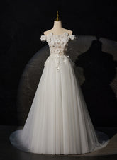 A-line Off Shoulder White Flowers and Tulle Party Dress