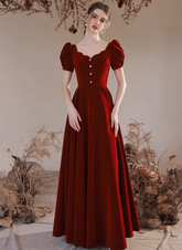 Wine Red Velvet Short Sleeves Long Wedding Party Dress