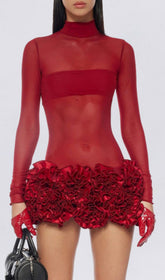 Sultry Red Petal Ruffle Mini Dress