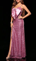 Diandra "Pretty in Pink" Oversized Bow Sequin Maxi Dress