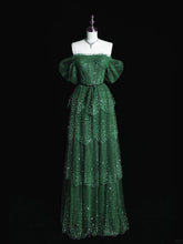 Vestido de fiesta verde oscuro de tul brillante con capas en forma de A