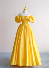 Yellow Satin Short Sleeves Party Dress