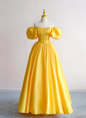 Yellow Satin Short Sleeves Party Dress